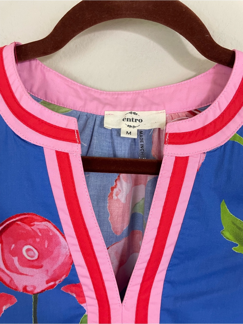 Entro Blue Floral Puff-Sleeve Blouse with Pink Trim Poplin Top Size Medium - Picture 4 of 10